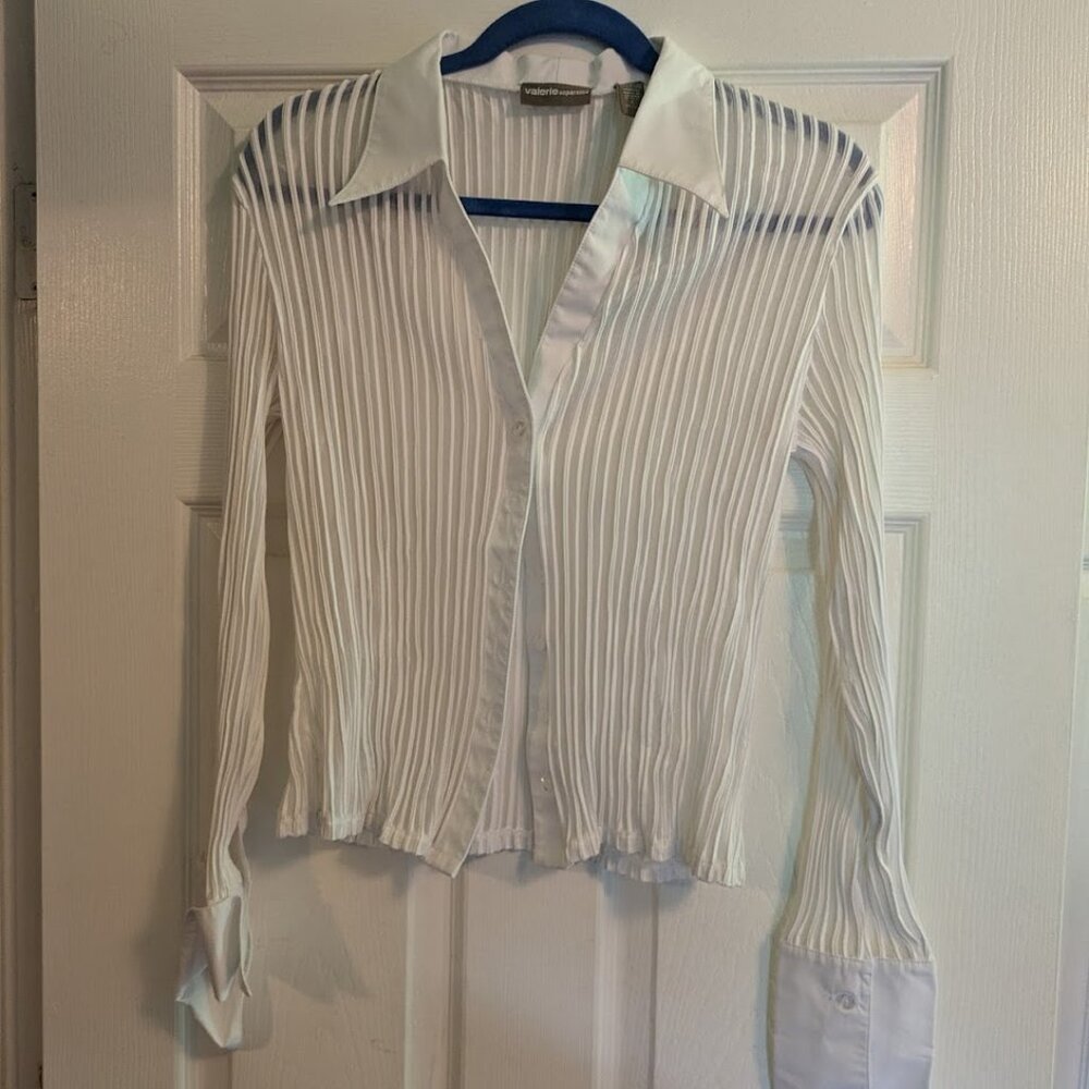 Vintage sheer white long sleeve blouse with collar and cuffs